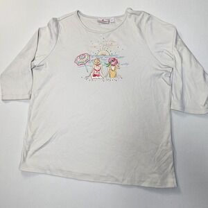 Quacker Factory Beach Scene Embroidered Top L‎ Rhinestone 3/4 Sleeve Women's Top